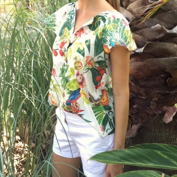 J. CREW Into The Wild Italian Ratti Tropical Floral Print Ruffle Sleeve Top NWT - Picture 2 of 14